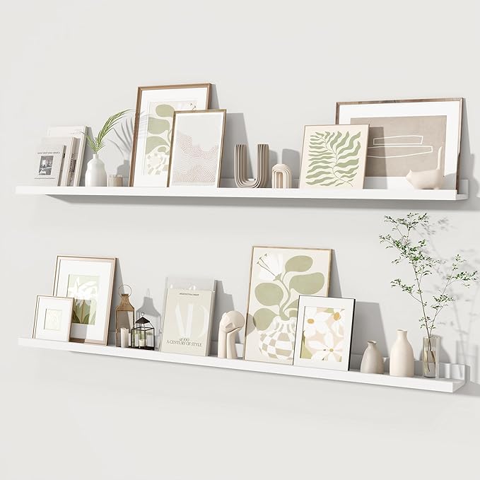 Fun Memories Picture Ledge Shelves Set of 2, 55 Inch Rustic Wall Mounted Floating Shelves with Lip for Home Storage and Décor in Bathroom, Kitchen, Nursery, Bedroom, Living Room, White-Ruum Studio Home