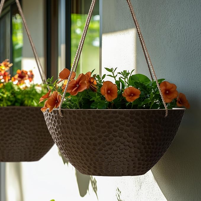 LA JOLIE MUSE Hanging Planters for Outdoor Plants, Large Outdoor Hanging Planters with Drain Holes Ash Brown, Honeycomb (13.2 Inch, Set of 2)-Ruum Studio Home