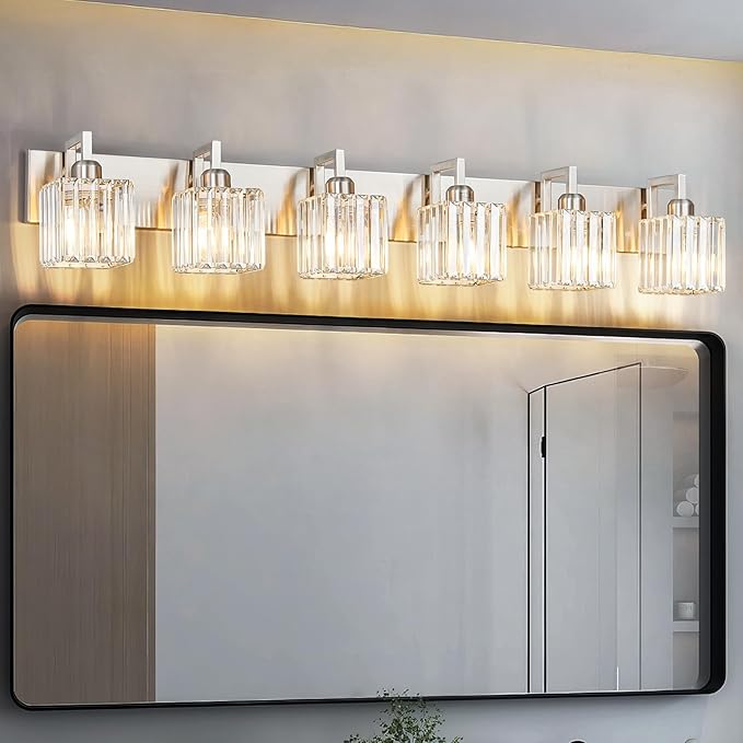 Modern Bathroom Vanity Light 6-Lights Brushed Nickel Vanity Light Crystal Wall Light Bathroom Light Fixtures-Ruum Studio Home