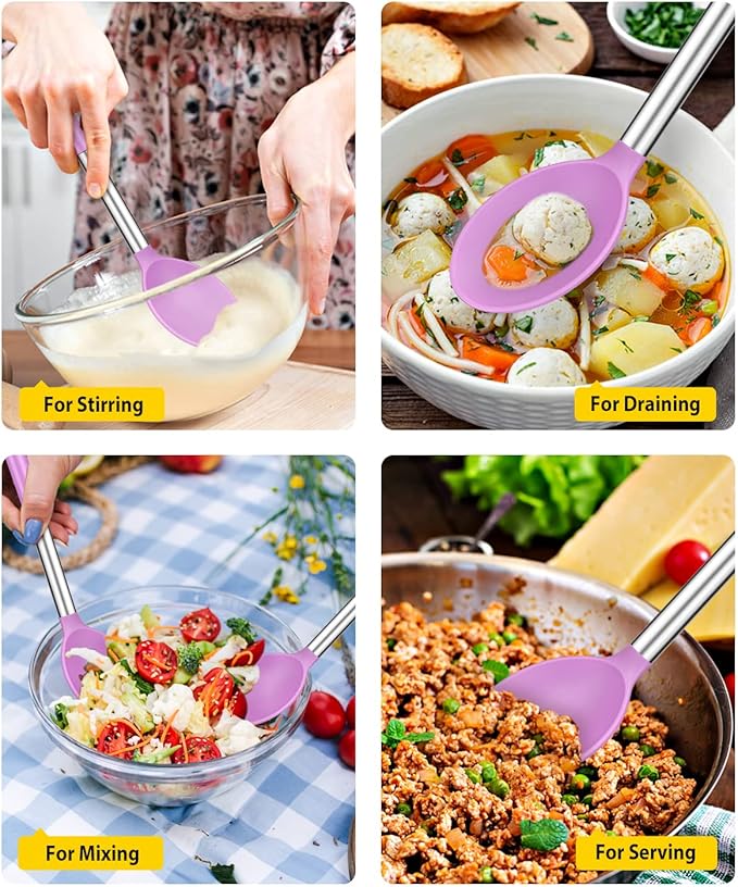 Pack of 2 Large Silicone Cooking Spoons,Non Stick Solid Basting Spoon,Heat-Resistant Kitchen Utensils for Mixing,Serving,Draining,Stirring (PURPLE)-Ruum Studio Home
