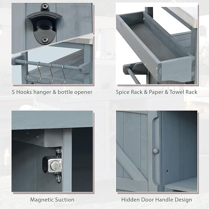 Outdoor Solid Wood Grill Table with Stainless Steel Top, Farmhouse Kitchen Island with Storage Cabinet, Outdoor Bar Cart with Internal Storage Rack, Spice & Towel Rack, Grey Blue-Ruum Studio Home