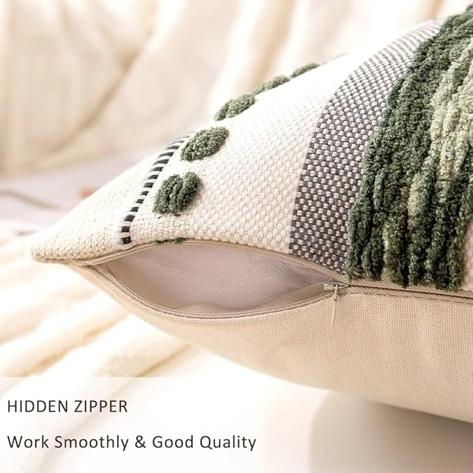 Boho Throw Pillow Covers 18x18 Set of 2 Christmas Decorative Cushion Case Striped Square Pillows Cover Chenille Pillow Cases Accent Neutral Pillowcase for Sofa Couch Bed,Dark Green-Ruum Studio Home