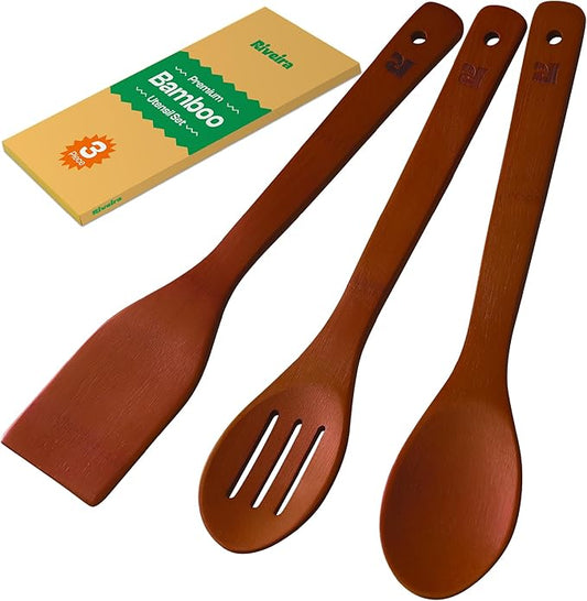 Riveira Premium Brown Bamboo Wooden Spoons for Cooking Set of 3 – Premium Brown Bamboo Wooden Cooking Utensils, Wooden Spatula, Wooden Spoon - Premium Quality Wooden Utensil Set for Non-Toxic Cooking-Ruum Studio Home