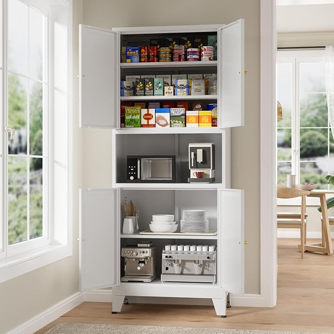 69" Tall Kitchen Pantry Cabinet, Metal Storage Cabinet with 4 Doors and Adjustbale Shelves, Freestanding Cupboards for Dining Room, Living Room, Bathroom-Ruum Studio Home