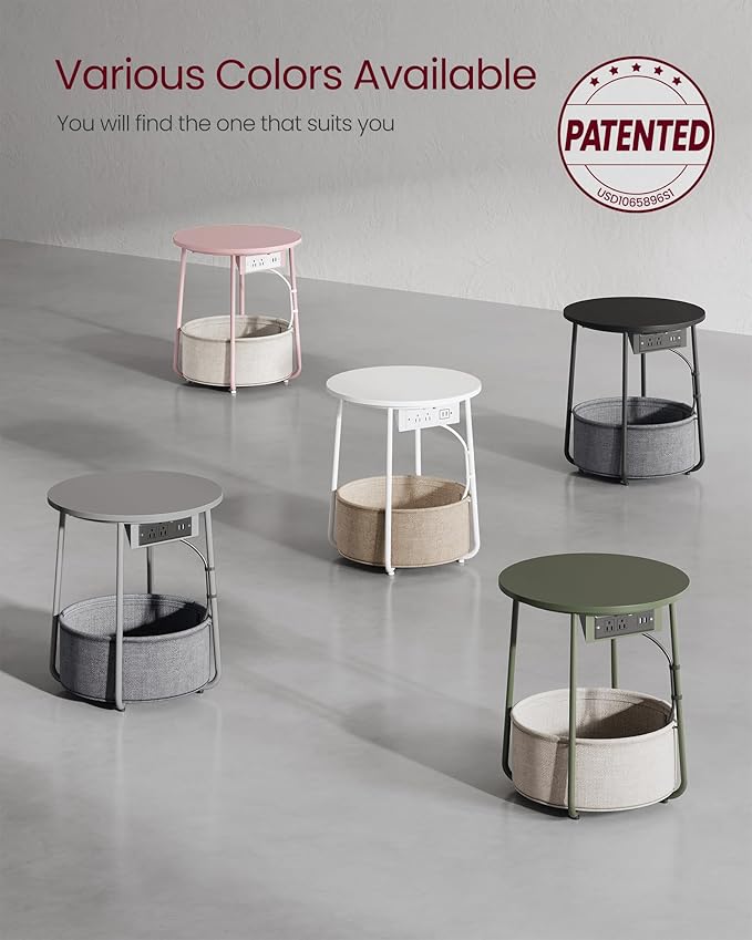 VASAGLE Side Table with Charging Station, Round End Table with Fabric Basket, Nightstand with Power Outlets, USB Ports, for Living Room, Bedroom, Modern, Ebony Black and Slate Gray ULET228B01-Ruum Studio Home