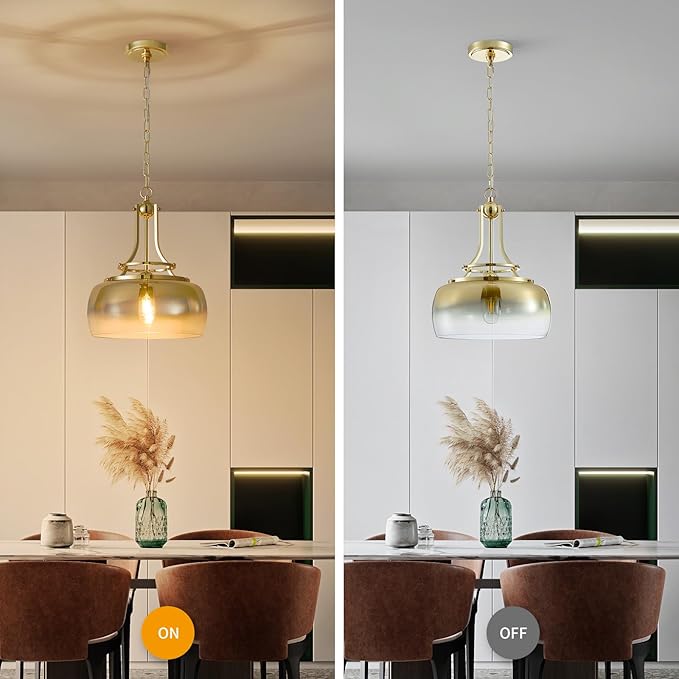 WUZUPS Gold Chandelier Rustic Farmhouse Industrial Round Ceiling Pendant LED Light Fixture with Gradient Glass Shade for Dining Room Kitchen Island Foyer Entryway, H 17" W 13.4", E26 Base-Ruum Studio Home