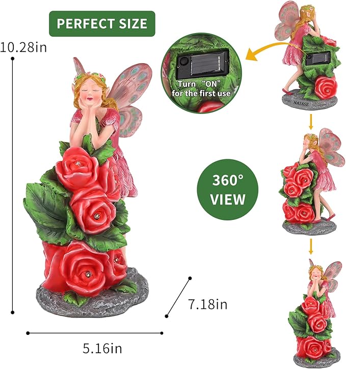 Solar Garden Outdoor Statues Cute Flower Fairy with 7 LED Solar Figurine for Lawn,Patio, Balcony, Yard Unique Housewarming Gift, for Woman, Mom, Grandma-Ruum Studio Home