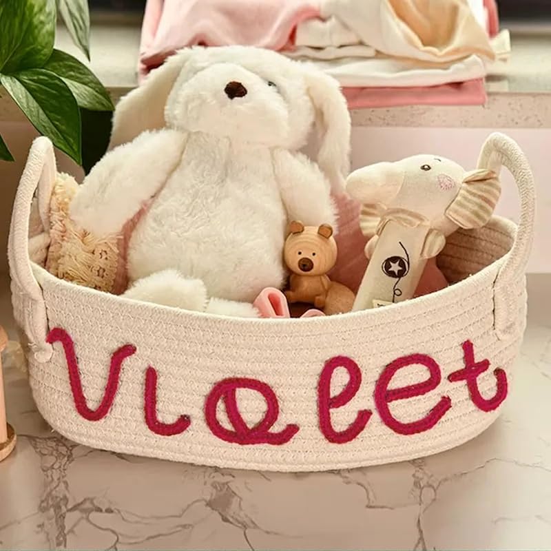 Personalized Baby Name Basket, Custom Woven Baby Shower Gift Basket with Cotton Rope Handle Baby Diaper Nursery Shelf Storage Basket Bin for Kids' Bedroom (Style 3)-Ruum Studio Home