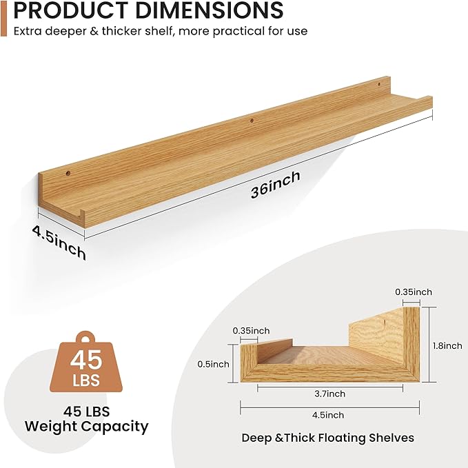 Fun Memories Picture Ledge Shelves Set of 2, 36 Inch Rustic Wall Mounted Floating Shelves with Lip for Home Storage and Décor in Bathroom, Kitchen, Nursery, Bedroom, Living Room, Oak-Ruum Studio Home