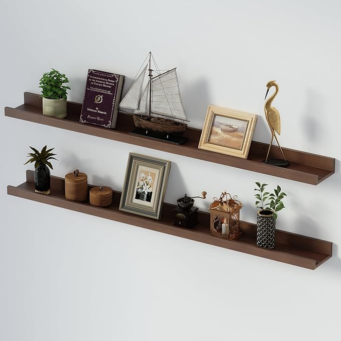 SAUMONIERES Picture Ledge Shelf Floating Book Shelves Set of 2 Wall Mounted Solid Wood for Bedroom Bathroom Living Room Kitchen, 48 Inch Walnut-Ruum Studio Home