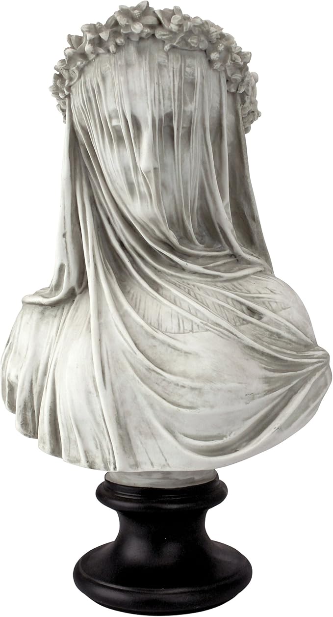 Design Toscano Veiled Maiden Indoor Bust Statue, 9 Inch Wide, 14 Inch Tall, Cast Stone Resin, Antiqued White Finish with a Black Painted Base-Ruum Studio Home
