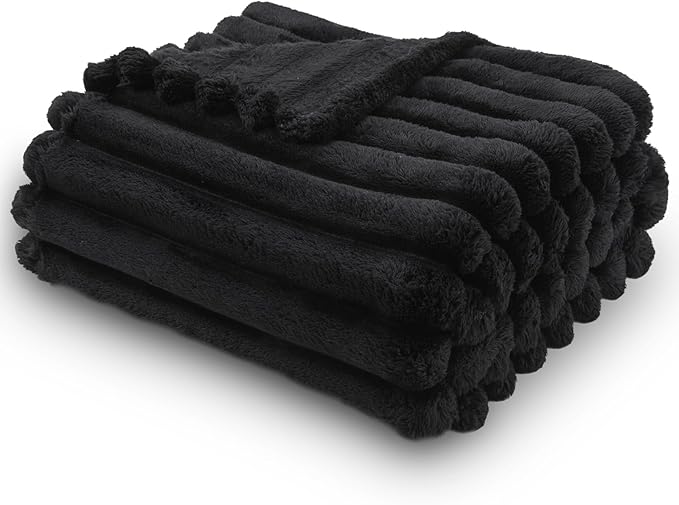 NEWCOSPLAY Super Soft Throw Blanket Black Premium Silky Flannel Fleece 3D Ribbed Jacquard Lightweight Bed Blanket All Season Use (Black Ribbed, Throw(50"x60"))-Ruum Studio Home