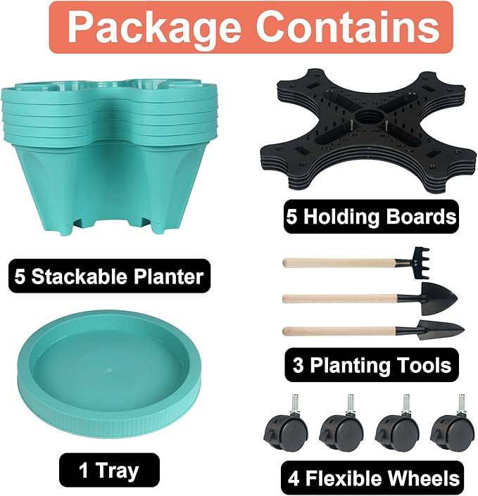 Vertical Planter 5 Tier Stackable Planters Garden Planters Strawberry Herb Flower and Vegetable Planter Indoor Outdoor Gardening Pots with Removable Wheels and Tools-Ruum Studio Home