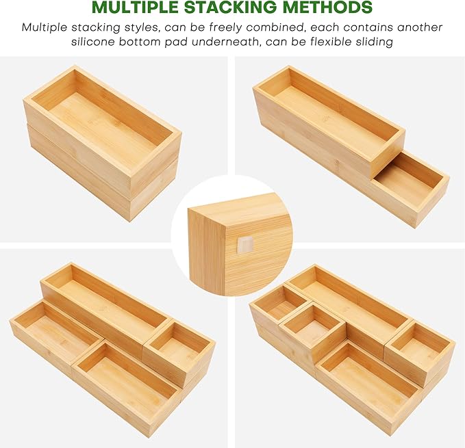Bamboo Drawer Organizer Set, 9 PCS Multi-Use Individual Wood Storage Organizers, Junk Drawer Divider and Storage Trays Containers for Kitchen, Bathroom, Office Desk, Makeup, Jewelry, Utensils-Ruum Studio Home