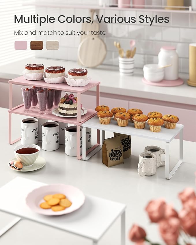SONGMICS Cabinet Organizer Shelf, Set of 2 Kitchen Counter Shelves, Kitchen Storage, Spice Rack, Stackable, Expandable, Metal and Engineered Wood, Jelly Pink UKCS025S01-Ruum Studio Home
