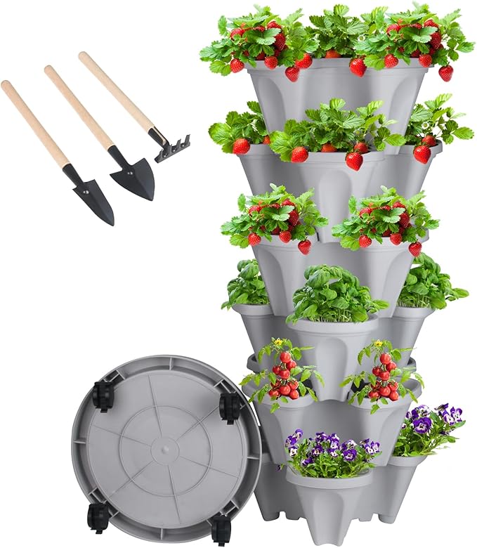 Vertical Planter 6 Tier Stackable Planters Garden Planters Strawberry Herb Flower and Vegetable Planter Indoor Outdoor Gardening Pots with Removable Wheels and Tools-Ruum Studio Home