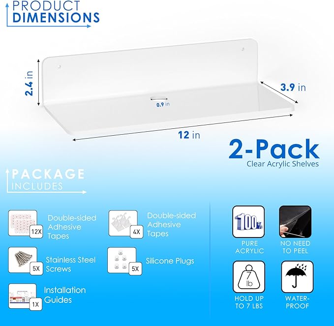 OAPRIRE White Acrylic Floating Shelves Set of 2 - Damage Free Expand Wall Space - 12 Inch Wall Shelves with Strong Adhesive for Bathroom, Bedroom, etc-Ruum Studio Home