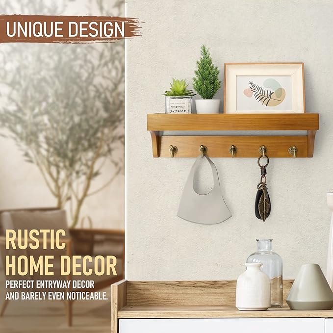 Rebee Vision Decorative Key Holder for Wall with Shelf: Farmhouse Mail Rack with 5 Sturdy Key Hooks for Home Decor, Apartment, Entryway and Hallway (Light Brown)-Ruum Studio Home