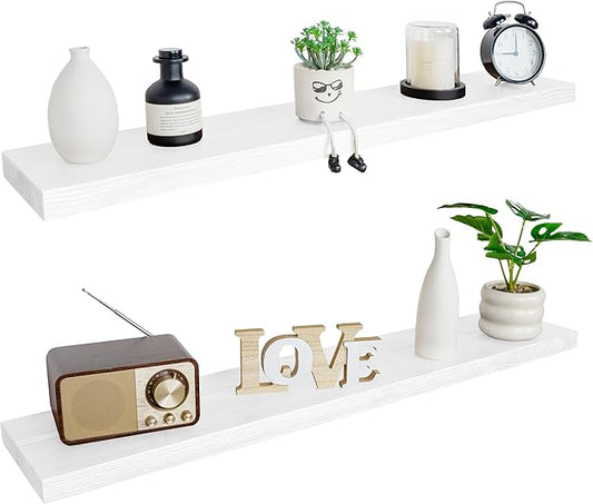 BGMG Floating Shelves for Wall 48 inch Long,Rustic Solid Wooden Deep Wall Shelves for Bathroom Living Room Bedroom Kitchen Farmhouse Set of 2-48x6.7x1.25 inch- White-Ruum Studio Home