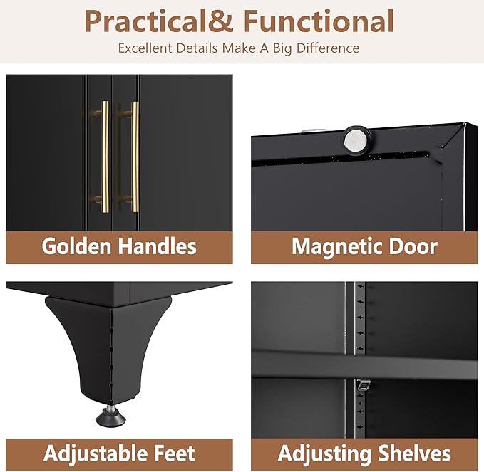 Kitchen Pantry Cabinet, 75" Tall Pantry Cabinet with Three Drawers, Freestanding Food Cupboard with Doors and Shelves, Metal Storage Cabinets for Dining, Living Room, Black, Assembly Required-Ruum Studio Home