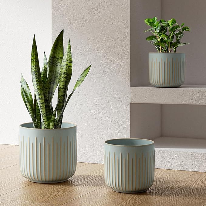 LE TAUCI Fluted Ceramic Planters Set of 3 – 8.3/7 / 5.7 in Blue Gray Reactive Cylinder Indoor Plant Pots with Drainage Plug & Mesh, Glossy Stoneware Flower Pots for Succulents Herbs-Ruum Studio Home
