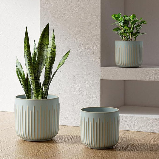 LE TAUCI Fluted Ceramic Planters Set of 3 – 8.3/7 / 5.7 in Blue Gray Reactive Cylinder Indoor Plant Pots with Drainage Plug & Mesh, Glossy Stoneware Flower Pots for Succulents Herbs-Ruum Studio Home