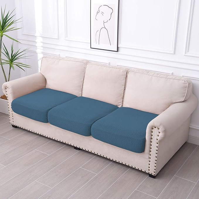 hyha Waterproof Couch Cushion Covers for Pets, Non Slip Sofa Seat Cover for Dogs Washable, Soft Thick Stretch Jacquard Fabric, Sofa Slipcovers with Elastic Bottom (3 Pieces, Blue)-Ruum Studio Home
