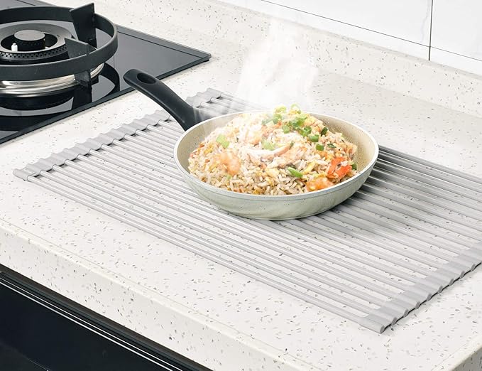 Surpahs Over Sink Foldable Multipurpose Roll-Up Dish Drying Rack, Silicone Wrapped Stainless Steel, Warm Gray, 20.5" x 13.1"-Ruum Studio Home