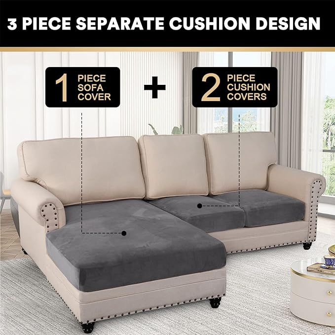 PrinceDeco Sectional Couch Covers 3 Pieces Velvet Sofa Covers L Shape Soft Couch Covers for Sectional Sofa Corner Sofa Cover Couch Cover for Dogs Washable (2 Seater + 1 Chaise,Grey)-Ruum Studio Home