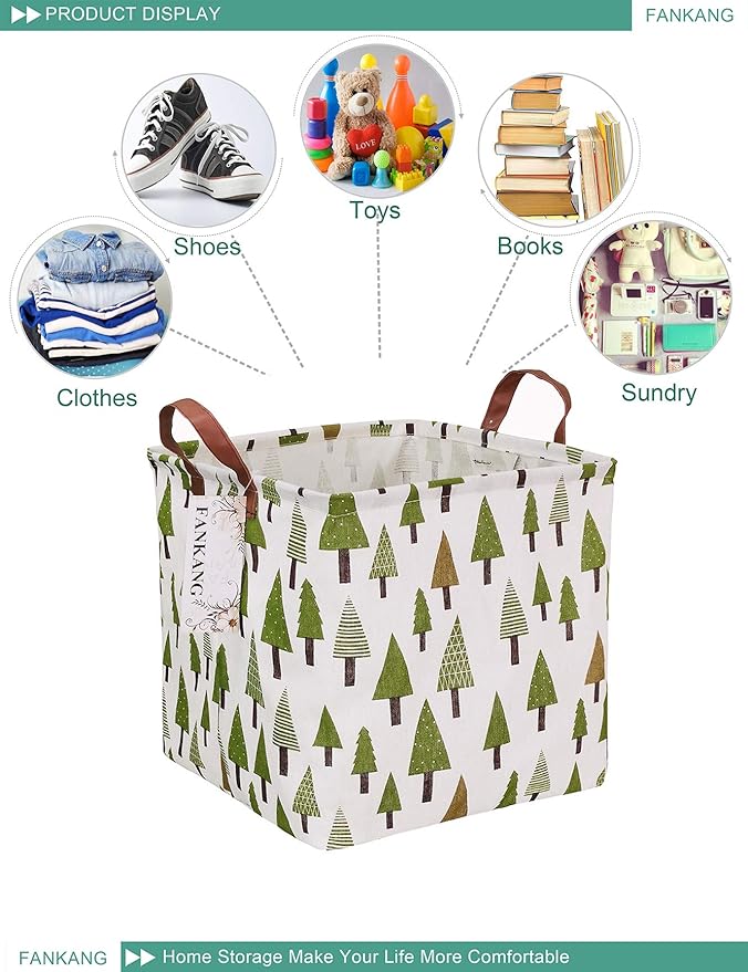 FANKANG Square Nursery Hamper Storage Bins Canvas Laundry Basket Foldable with Waterproof PE Coating Large Storage Baskets Gift Baskets for Children Office Bedroom ClothesToys (SquareGreen forest)-Ruum Studio Home