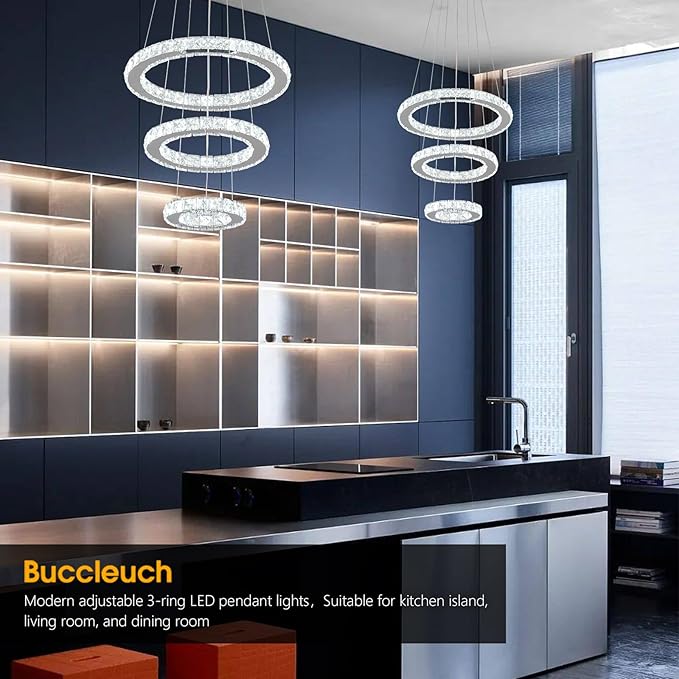 Buccleuch LED Crystal Chandeliers, Dimmable LED Pendant Light Fixture 3-Ring Adjustable Stainless Steel Ceiling Light, Silver Crystal Chandeliers for Dining Room, Bedroom, Living Room - ETL Listed-Ruum Studio Home