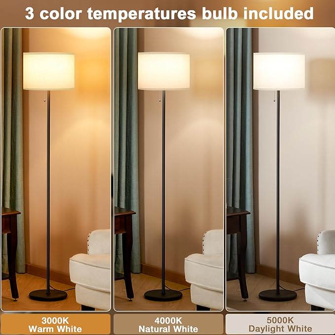 Ambimall Floor Lamps for Living Room with 3 Color Temperatures Bulb & Pull Chain Switch, 60" Modern Standing Floor Lamp for Bedroom Kids Room Study Room（Dark Beige Shade & Black Pole）-Ruum Studio Home
