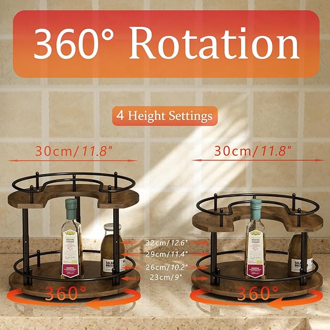 2 Tier Lazy Susan Organizer,2-Tier Spinning Spice Rack with Stable Carousel Base & 4 Height Settings for Cupboard Kitchen Countertop Dining Table Cupboard (Round)-Ruum Studio Home