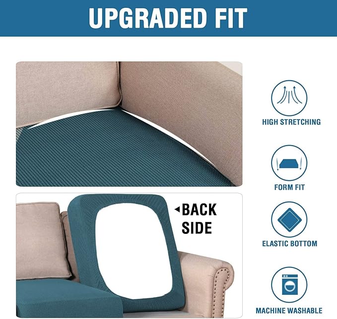 H.VERSAILTEX Super Stretch Individual Seat Cushion Covers - Sofa & Couch Cushion Slipcover Sets - Thick Jacquard Textured Twill Fabric (3 Piece XL Sofa Cushion Covers, Deep Teal)-Ruum Studio Home