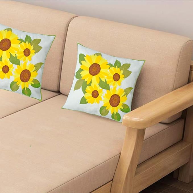 Embroidered Decorative Throw Pillow Cover, 18"x18" Set of 2, Farmhouse Pillowcase Yellow Sunflower Knit Pattern Cotton Canvas Cushion Case Square Floral Pillow Case for Sofa Couch Bed Living Room-Ruum Studio Home