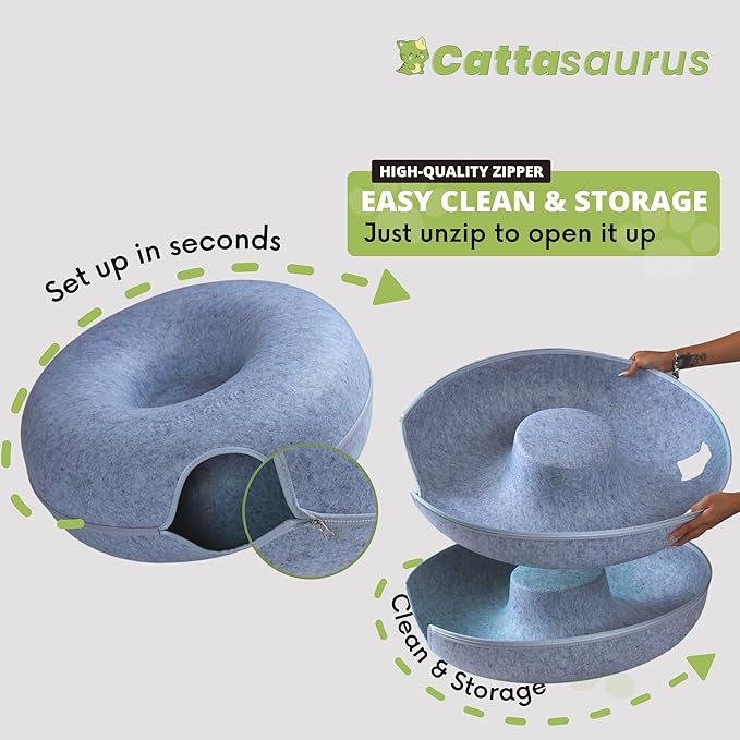 Cattasaurus Peekaboo Cat Cave, Extra Spacious for Multiple & Large Cats 12+ lbs, Scratch Detachable Beds for Indoor Cats, Washable Tunnel Bed, Comfy Cat Donut Tunnel (Light Gray+Light Gray, Jumbo)-Ruum Studio Home