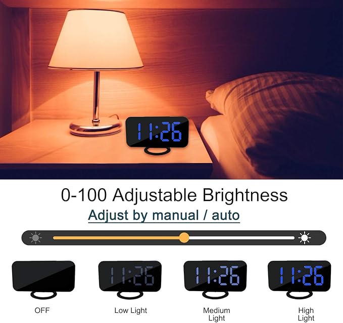 Digital Alarm Clock,Mirror Surface LED Electronic Clocks,with USB Charger,Snooze Model, Auto/Custom Brightness,for Office Table Bedroom Nightstand(Black-Blue)-Ruum Studio Home