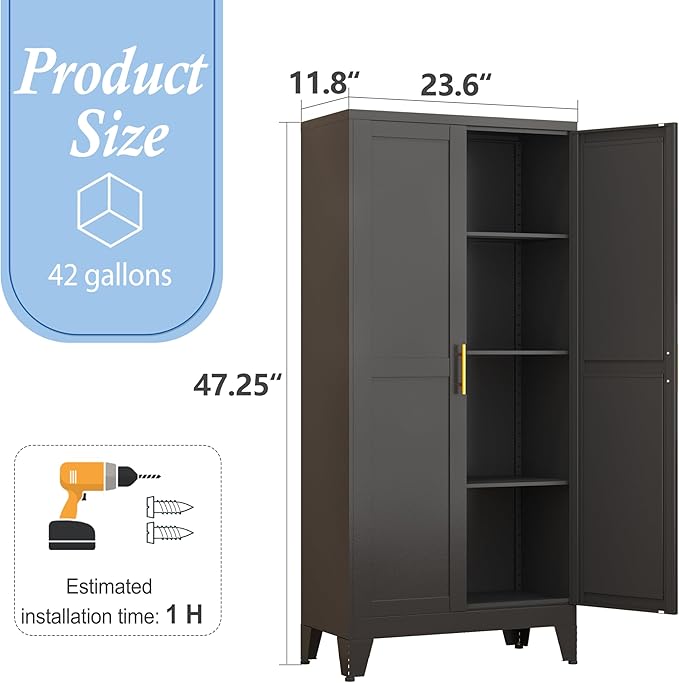 Black Metal Storage Cabinet, 48" Steel Cabinets for Home Office, Kitchen Pantry Storage Cabinet with Doors and 3 Adjustable Shelves, for Office, Home, Garage, School-Ruum Studio Home