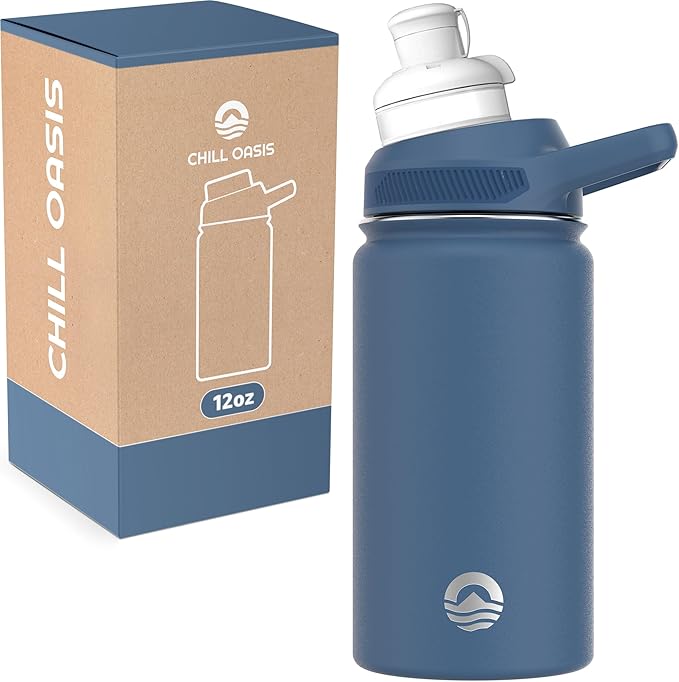 Chill Oasis Water Bottle | Compatible With Popular Flavor Cartridges | BPA Free, Leak Proof, Double-Walled Vacuum Insulated Stainless Steel, and Dishwasher Safe | Cold for 24 Hours (Navy, 12oz)-Ruum Studio Home