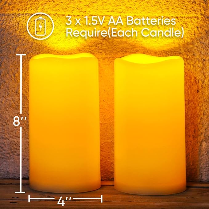 Homemory 8" x 4" Large Waterproof Outdoor Flameless Candles with Remote Control and Timer, Battery Operated Flickering LED Pillar Candles for Indoor Outdoor Lanterns, Porch, Long Lasting, Set of 2-Ruum Studio Home