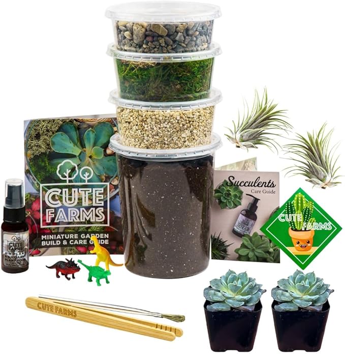 Cute Farms Terrarium Starter Kit | Moss, Vermiculite, Soil, Pebbles, Plant Food, Finishing Tools, Build and Care Guide | DIY Succulent Terrarium for Adults and Kids (Large + Live Plants)-Ruum Studio Home