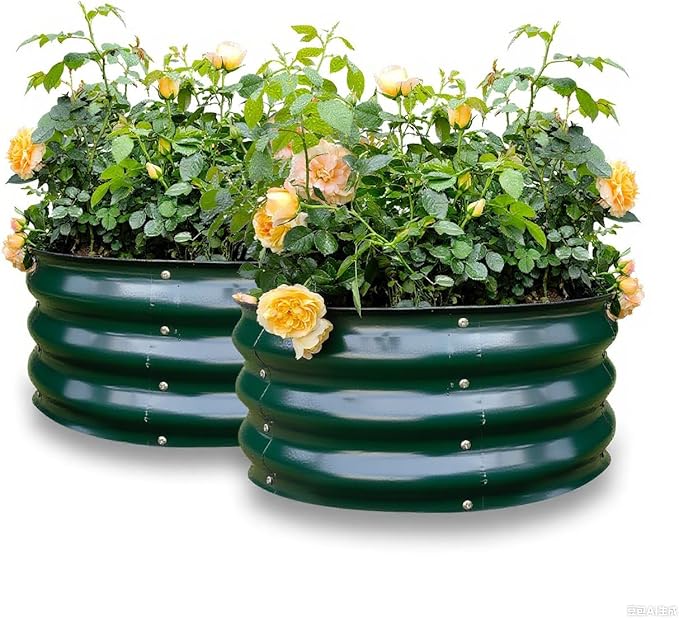 GARDMAX 2 Pack 2x2x1FT Galvanized Round Raised Garden Bed Kit, Metal Planter Boxes Outdoor with Easy Assembly, Large Garden Bed for Vegetables, Fruits, Flower, Herbs Dark Green-Ruum Studio Home