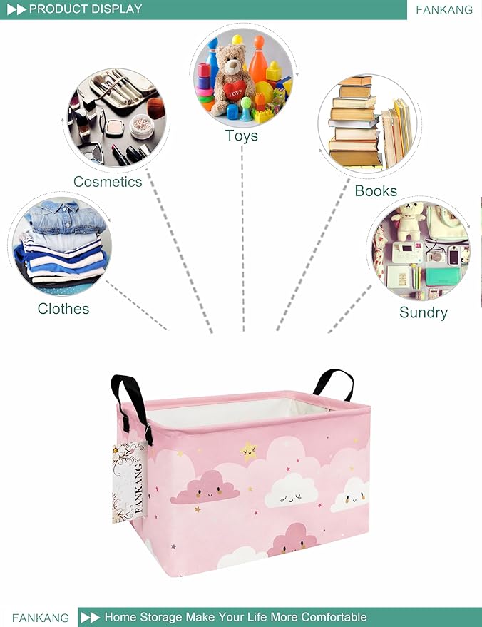 FANKANG Storage Bins, Nursery Hamper Canvas Laundry Basket Foldable with Waterproof PE Coating Large Storage Baskets for Kids Boys and Girls, Office, Bedroom, Clothes,Toys(Rec-pink cloud ）-Ruum Studio Home