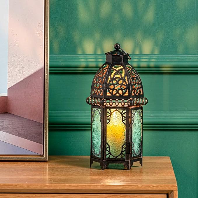 NEEDOMO Hanging Moroccan Lantern, 12.8'' Vintage Candle Holder, Metal Lanterns Decorative Indoor Outdoor, Table, Patio, Porch, Shelf, Gothic Home Decor (Green, Large Size)-Ruum Studio Home
