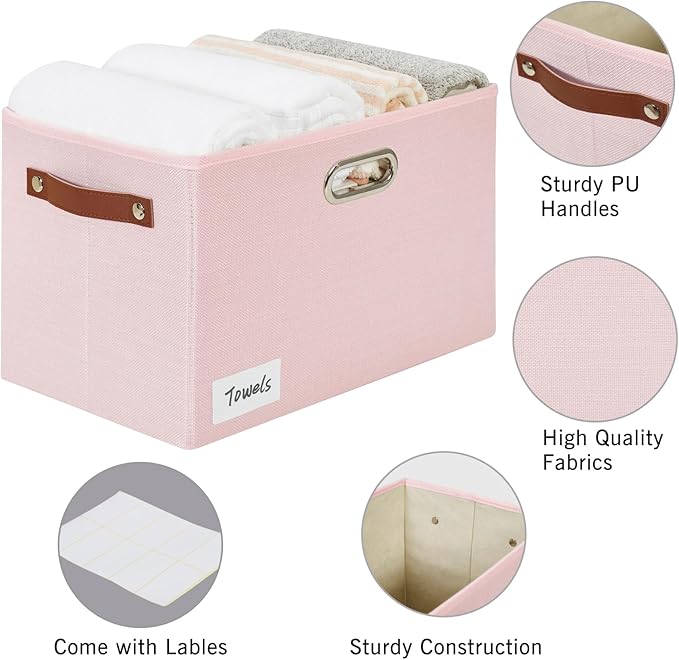 Large 3-Pack Foldable Fabric Storage Bins with Durable PU & Metal Handles, Collapsible Storage Baskets for Shelves, Home Storage, Closet Organizers, Living Room(14.9"x9.8"x9.8", Pink)-Ruum Studio Home