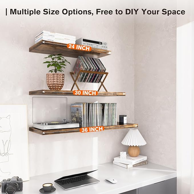 Floating Shelf, Set of 2 Wall Shelf, 24 in W x 12.75 in D x 2 in H Wooden Floating Wall Shelf with Invisible Brackets for Living Room/Bedroom/Bathroom/Kitchen Storage and Decor, Rustic Brown-Ruum Studio Home