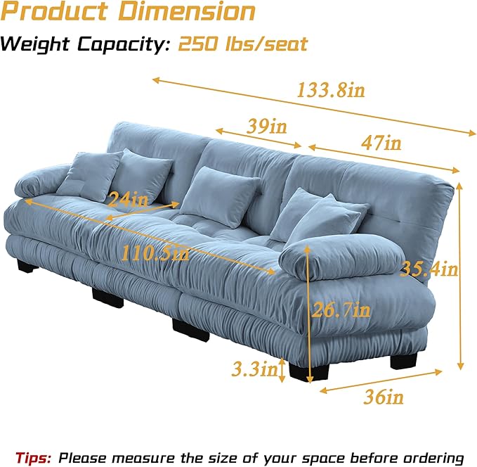 Modular Sectional Sofa, Comfy Cloud Couch 3 Seater Couch, Sectional Couches for Living Room, Modern Chenille Oversized Couches for Bedroom, Sleeper Deep Seat Sofa with Throw Pillows, Blue-Ruum Studio Home