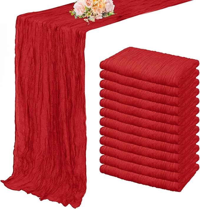 12 Pack Red 10FT Cheesecloth Table Runner Rustic Gauze Fabric Cheese Cloth Table Runner for Wedding Bridal Baby Shower Table Decor Boho Sheer Birthday Party Table Decorations 20 x 120 Inch Long-Ruum Studio Home