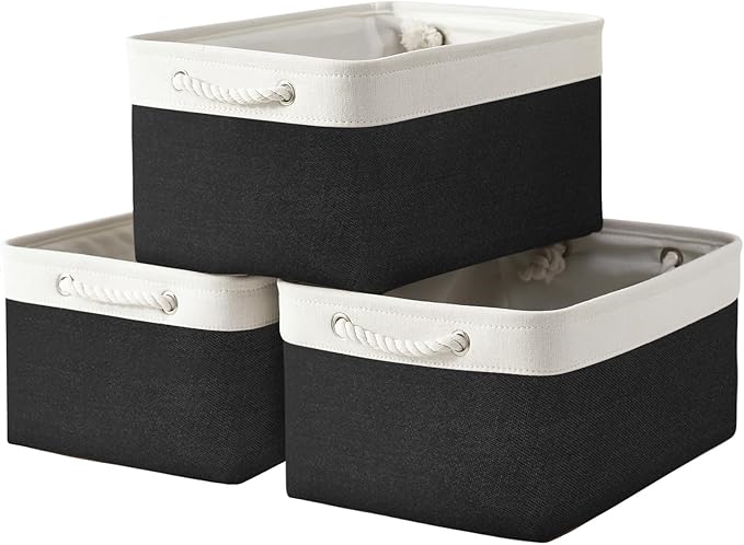 TheWarmHome Storage Basket for Organizing - Large 3 Pack 15.7x11.8x8.3 inch Collapsible Storage Bin for Shelves with Handles Laundry Cube Toy Closet Nursery (Whiet & Black)-Ruum Studio Home