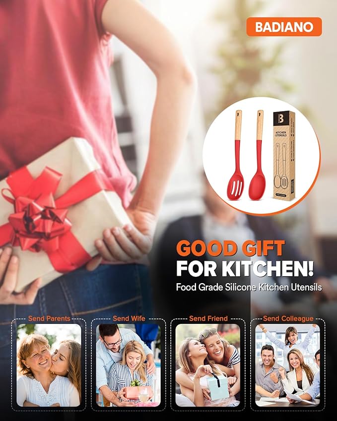 Silicone Cooking Spoons, Great for Scooping Sides and Serving Hearty Stews, BPA-Free Matte Silicone, Wooden Handle Serving Spoon for Nonstick Cooking Surfaces (Red)-Ruum Studio Home